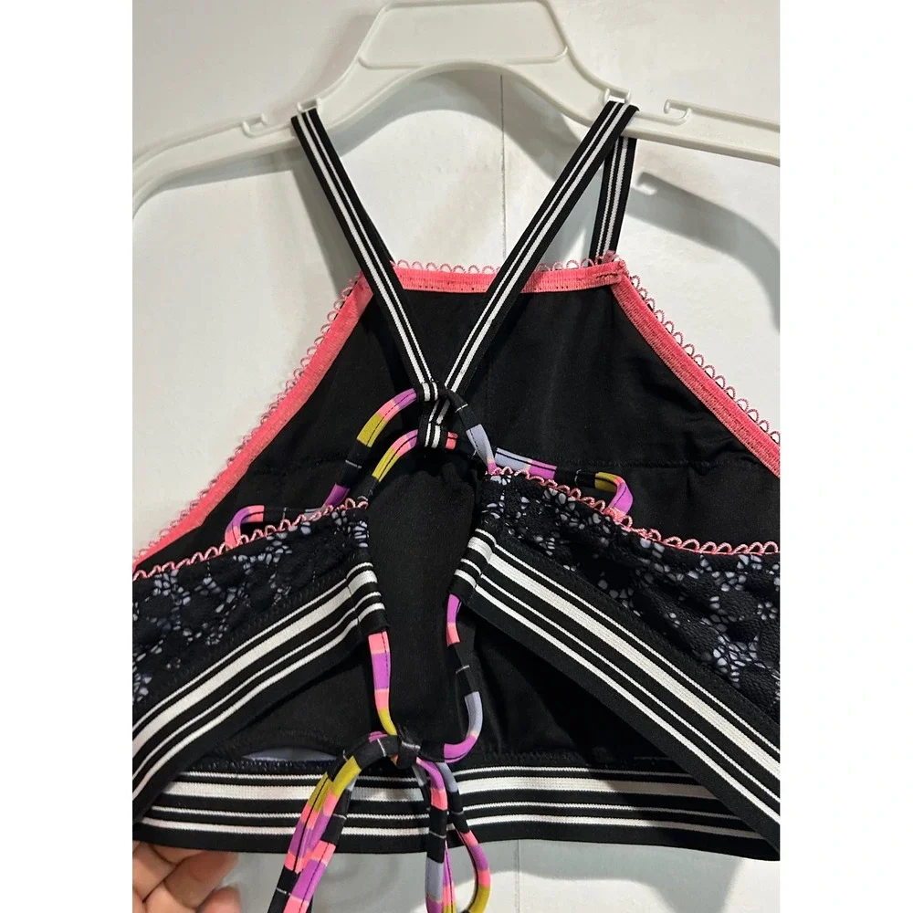 Victorias Secret Bikini‎ Top Women Small Black Floral Lace High Neck Strappy